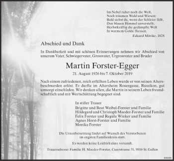 Traueranzeige von Martin Forster-Egger von ZO Gesamt