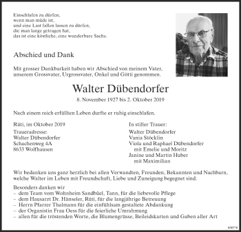 Traueranzeige von Walter Dübendorfer von ZO Gesamt