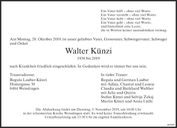 Traueranzeige von Walter Künzi von ZO Gesamt