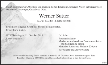 Traueranzeige von Werner Sutter von ZO Gesamt