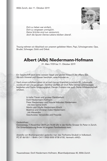 Traueranzeige von Albert Niedermann-Hofmann von ZO GESAMT