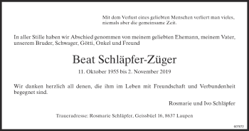 Traueranzeige von Beat Schläpfer-Züger von ZO Gesamt