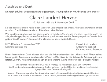 Traueranzeige von Claire Landert-Herzog von ZO Gesamt