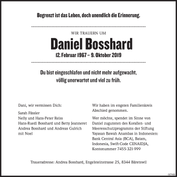 Traueranzeige von Daniel Bosshard von ZO Gesamt