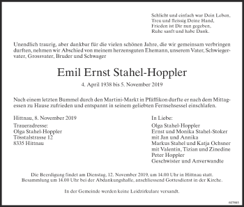 Traueranzeige von Emil Ernst Stahel-Hoppler von ZO Gesamt