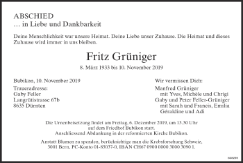 Traueranzeige von Fritz Grüniger von ZO Gesamt