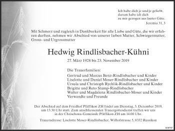 Traueranzeige von Hedwig Rindlisbacher-Kühni von ZO Gesamt