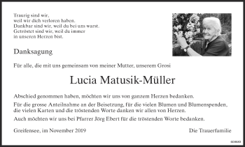 Traueranzeige von Lucia Matusik-Müller von ZO Gesamt