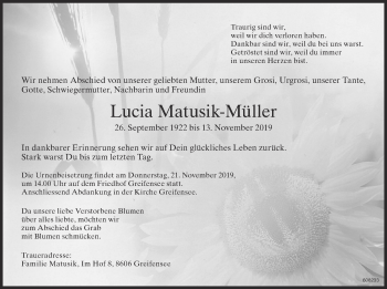 Traueranzeige von Lucia Matusik-Müller von ZO Gesamt