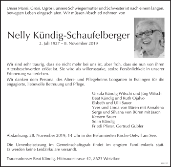 Traueranzeige von Nelly Kündig-Schaufelberger von ZO Gesamt