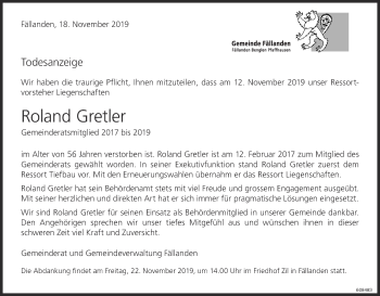 Traueranzeige von Roland Gretler von Glattaler