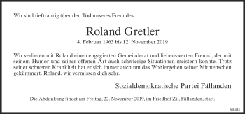 Traueranzeige von Roland Gretler von Glattaler