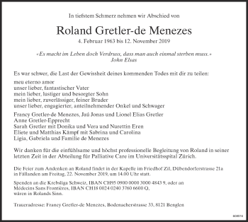 Traueranzeige von Roland Gretler-de Gretler-de Menezes von Glattaler