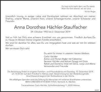 Traueranzeige von Anna Dorothea Hächler-Stauffacher von ZO Gesamt