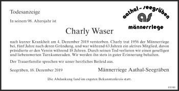 Traueranzeige von Charly Waser von ZO Gesamt