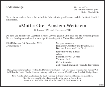 Traueranzeige von Gret Amstein-Wettstein von Glattaler