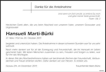 Traueranzeige von Hansueli Marti-Bürki von ZO Gesamt