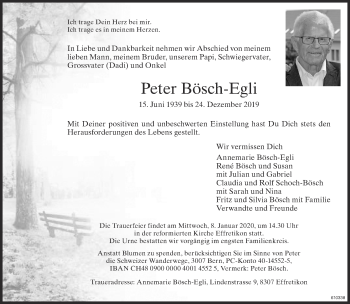 Traueranzeige von Peter Bösch-Egli von ZO Gesamt