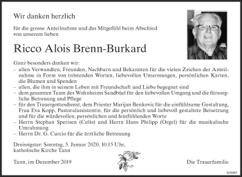 Traueranzeige von Ricco Alois Brenn-Burkard von ZO Gesamt