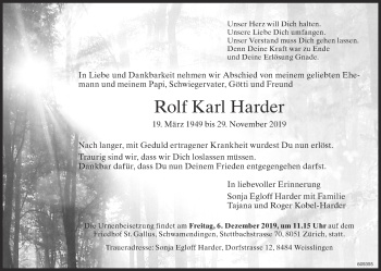 Traueranzeige von Rolf Karl Harder von ZO Gesamt