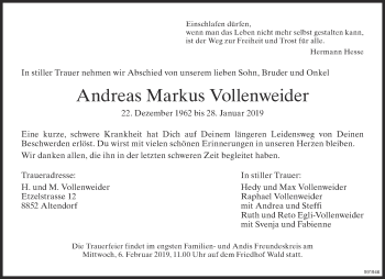 Traueranzeige von Andreas Markus Vollenweider von ZO Gesamt