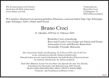 Traueranzeige von Bruno Croci von Glattaler