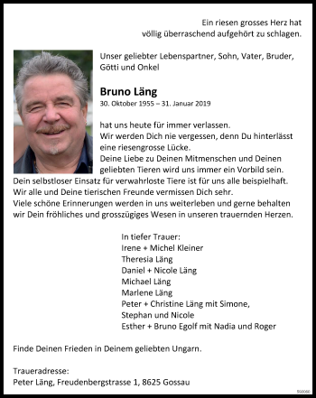 Traueranzeige von Bruno Läng von ZO Gesamt