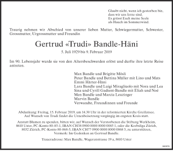 Traueranzeige von Gertrud Bandle-Häni von ZO Gesamt