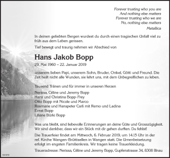 Traueranzeige von Hans Jakob Bopp von ZO Gesamt