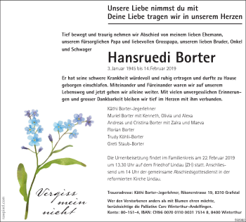 Traueranzeige von Hansruedi Borter von ZO Gesamt