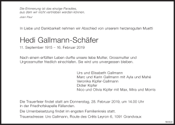 Traueranzeige von Hedi Gallmann-Schäfer von Glattaler