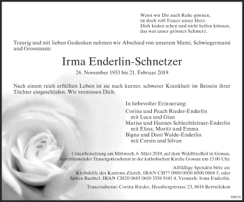 Traueranzeige von Irma Enderlin-Schnetzer von ZO Gesamt