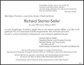 Traueranzeige von Richard Steiner-Seiler von ZO Gesamt