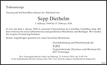 Traueranzeige von Sepp Diethelm von ZO Gesamt