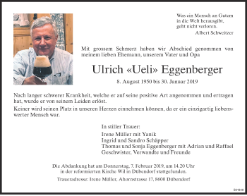 Traueranzeige von Ulrich Eggenberger von Glattaler