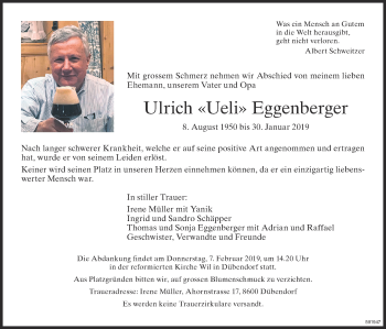 Traueranzeige von Ulrich Eggenberger von ZO Gesamt