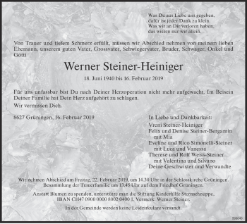 Traueranzeige von Werner Steiner-Heiniger von ZO Gesamt