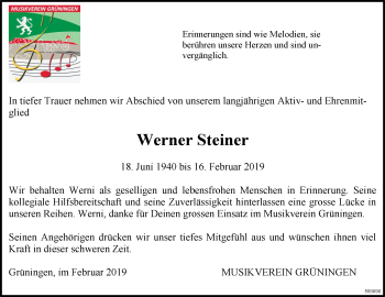 Traueranzeige von Werner Steiner von ZO Gesamt