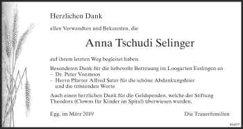 Traueranzeige von Anna Tschudi Selinger von ZO Gesamt