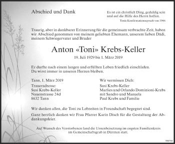 Traueranzeige von Anton  Krebs-Keller von ZO Gesamt