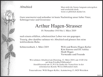 Traueranzeige von Arthur Hagen-Strasser von Glattaler