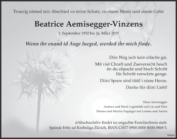 Traueranzeige von Beatrice Aemisegger-Vinzens von ZO Gesamt