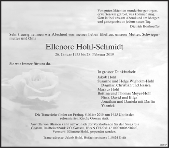 Traueranzeige von Ellenore Hohl-Schmidt von ZO Gesamt