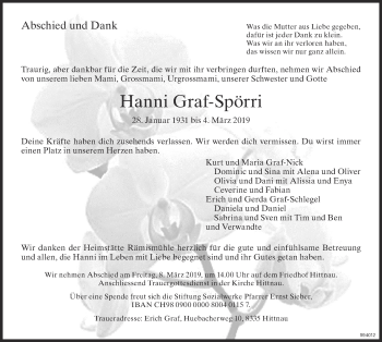 Traueranzeige von Hanni Graf-Spörri von ZO Gesamt