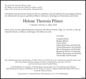 Traueranzeige von Helene Theresia Pfister von ZO Gesamt