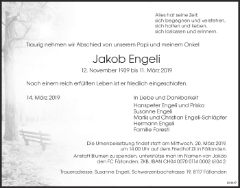 Traueranzeige von Jakob Engeli von ZO Gesamt