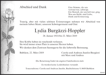 Traueranzeige von Lydia Burgäzzi-Hoppler von ZO Gesamt