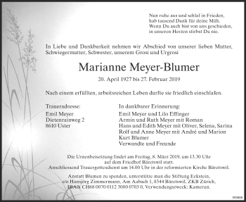 Traueranzeige von Marianne Meyer-Blumer von ZO Gesamt