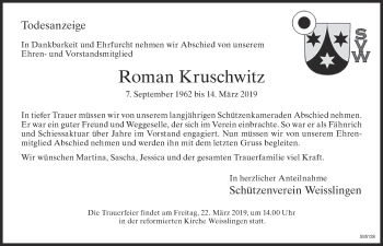 Traueranzeige von Roman Kruschwitz von ZO Gesamt