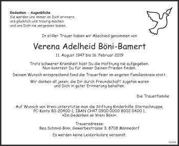 Traueranzeige von Verena Adelheid Böni-Bamert von ZO Gesamt